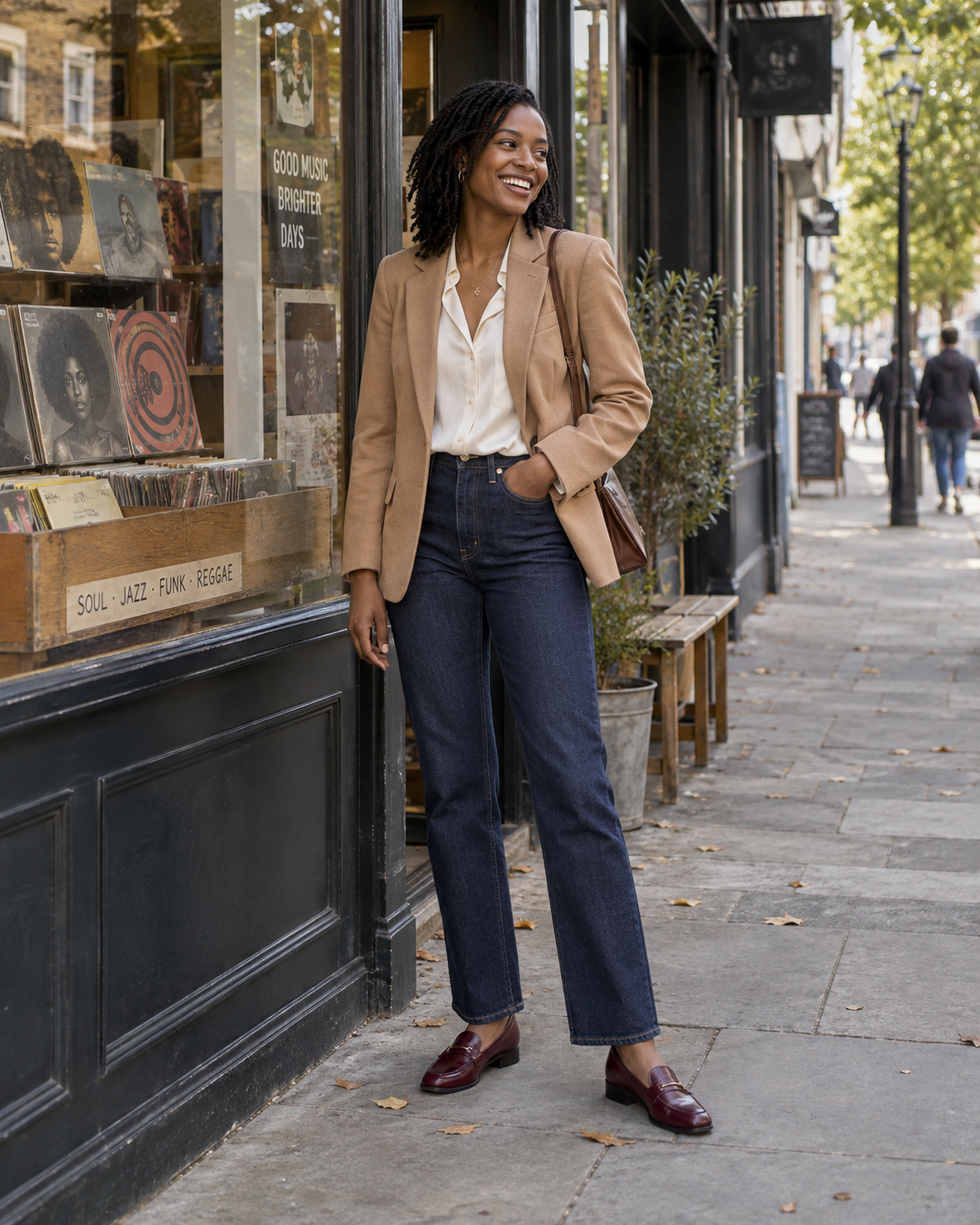 Woman in a camel blazer, white blouse and dark jeans outside a record shop