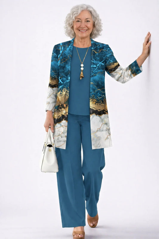 Woman wearing the Marlow 3-piece set in blue