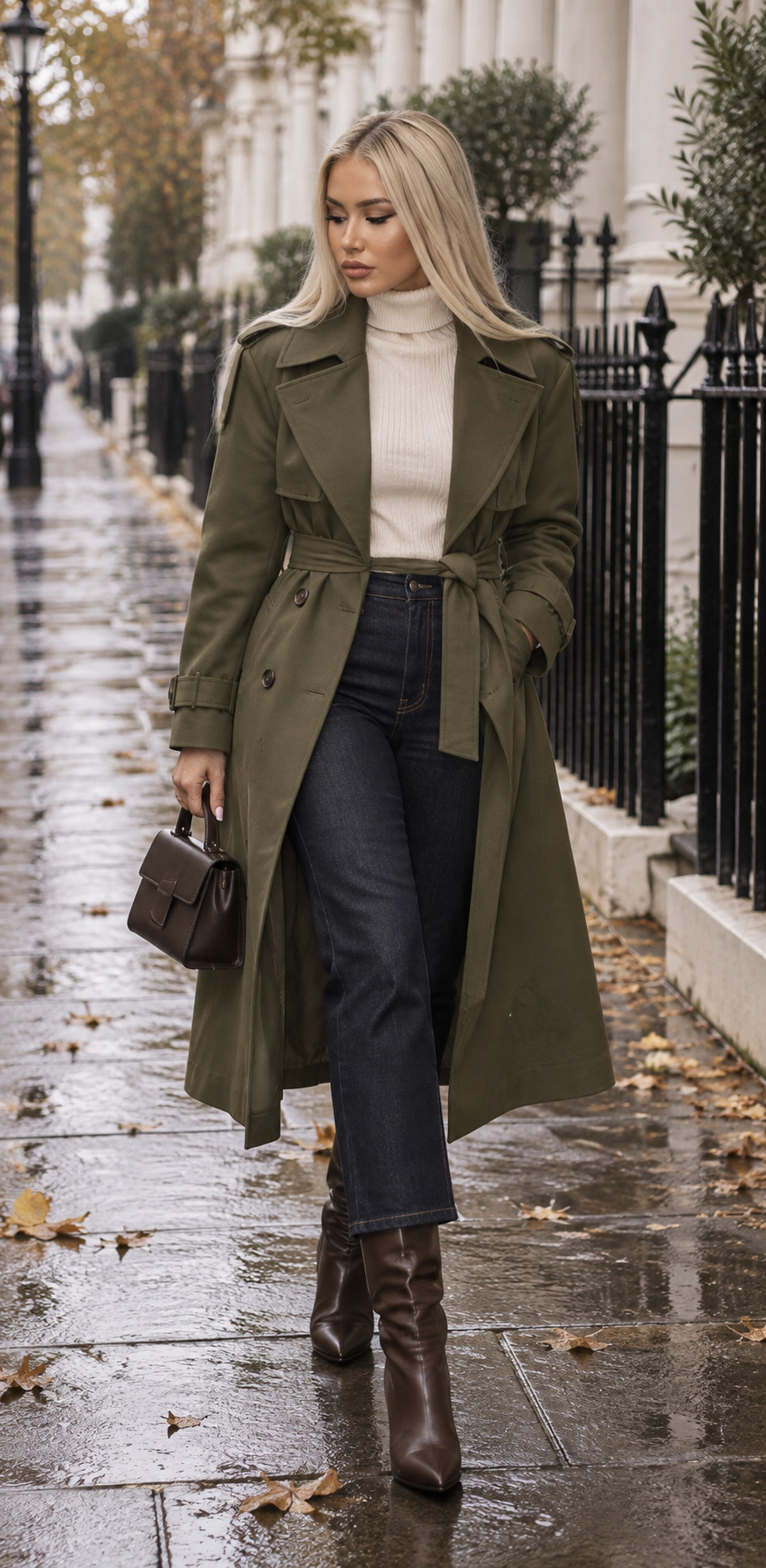 Woman in an olive trench coat and dark jeans walking on a wet autumn street